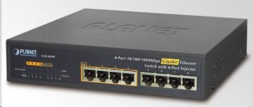 Obrázek Planet GSD-804P rev.2 PoE Switch, 8x 10/100/1000, 4x PoE, 65W, kov, bez managementu, fanless