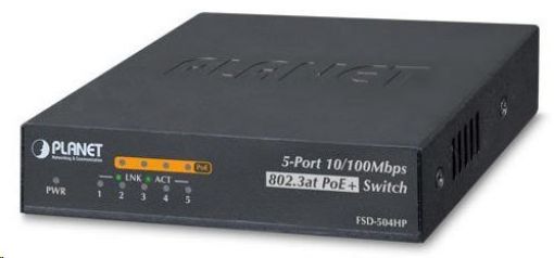 Obrázek Planet FSD-504HPv2, Switch, PoE 5x 10/100, 4x 802.3at <60W, extend mód 10Mb/s do 250m, externí DC, fanless