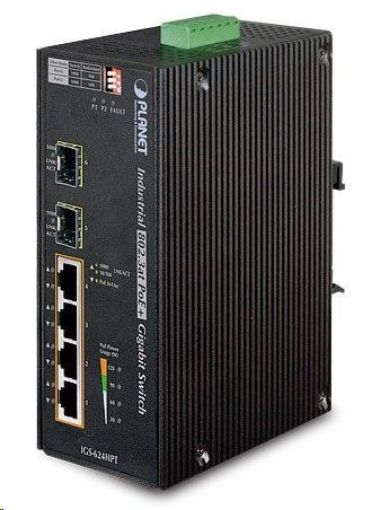 Obrázek Planet IGS-624HPT, PoE switch 4x 1000Base-T, 2x SFP 100/1000Base-X, 802.3at 120W, DIN,IP30, -40 až +75st.C