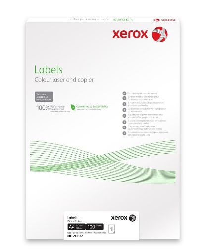 Obrázek Xerox Papír - Bílé samolepicí štítky pro černobílý tisk - ostré rohy (Labels 1UP 210x297, 100 listů, A4)