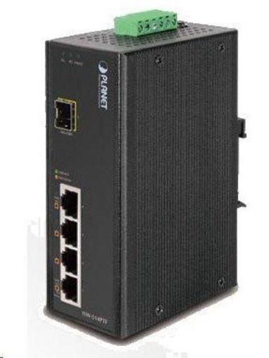 Obrázek Planet switch ISW-514PSF, průmysl.verze 4x10/100+1x100BaseFX (SFP), DIN, IP30, -40 až 70°C, 12-48V, PoE, managed