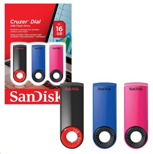 Obrázek SanDisk Flash Disk 16GB Cruzer Dial (3-pack, 3x 16GB) USB 2.0, modrá, růžová, černá