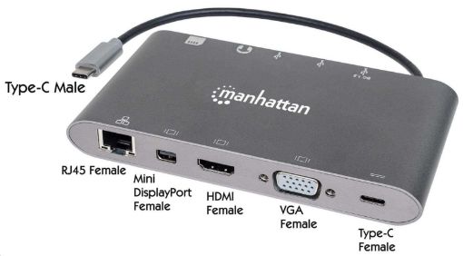 Obrázek MANHATTAN Dokovací stanice USB-C na HDMI, Mini DP, VGA, 3xUSB 3.0, USB-C PD port, RJ 45, Card Reader, 3,5 mm