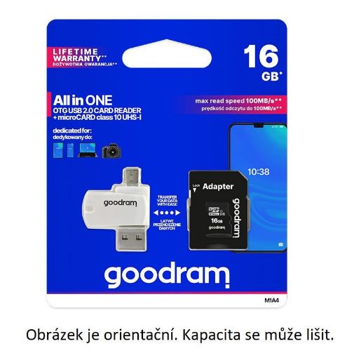 Obrázek GOODRAM microSDXC karta 128GB M1A4 All-in-one (R:100/W:10 MB/s), UHS-I Class 10, U1 + Adapter + OTG card reader/čtečka