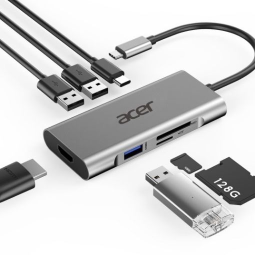 Obrázek ACER 7IN1 TYPE C DONGLE: 3 X USB 3.0, 1 X HDMI, 1 X TYPE C PD, 1 X SD CARD READER, 1 X TF CARD READER