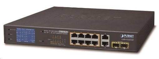 Obrázek Planet GSD-1222VHP Switch, 8x PoE + 2x 1000Base-T + 2x SFP, LCD,VLAN, extend mód 10Mb do 250m, IEEE 802.3at 120W