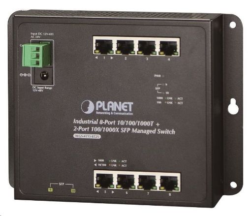 Obrázek Planet WGS-4215-8T2S switch, správa Web/SNMP, DIN,IP30, -40~75°C, dual DC, fanless