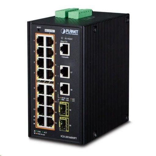 Obrázek Planet IGS-20160HPT, 18x 1000BASE-T, 16x PoE 320W, 2x SFP, DIN, IP30, -40 AŽ 75°C, WEB/SNMPV3