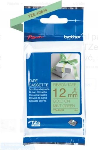 Obrázek BROTHER TZE-RM34 - kazeta TZ šířky 12mm, TEXTILNÍ páska 4m- pro tvorbu dárků - NELEPÍCÍ - MÁTOVÁ PÁSKA, ZLATÝ POTISK