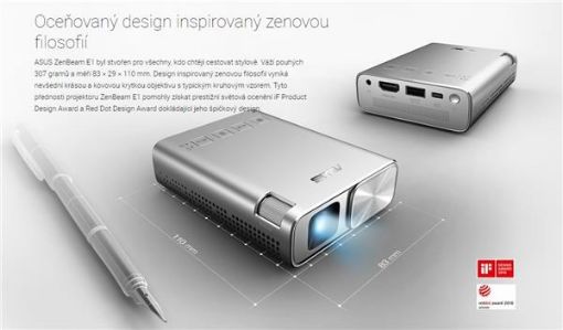 Obrázek ASUS PROJEKTOR LED - ZenBeam E1 - 854x480, 150lum, HDMI, USB-dobíjení, MHL, 0.5-5m, 0.5kg, 83x29x109mm,