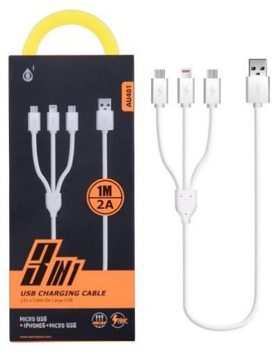 Obrázek PLUS nabíjecí kabel AU401 "3v1", konektory 2x micro USB a 1x Lightning, bílá