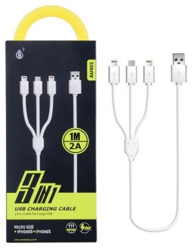 Obrázek PLUS nabíjecí kabel AU402 "3v1", konektory 1x micro USB a 2x Lightning, bílá