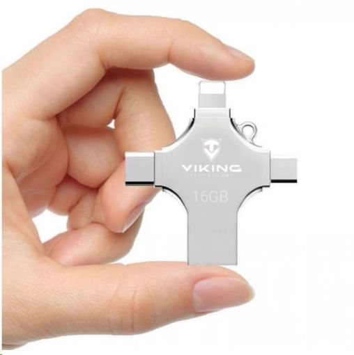 Obrázek Viking USB Flash disk 3.0 4v1 s koncovkou Lightning/Micro USB/USB/USB-C, 16 GB, stříbrná