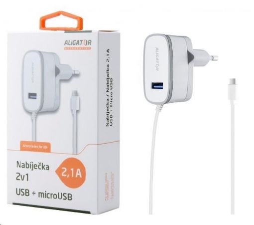 Obrázek Aligator síťová nabíječka, micro USB + 1x USB, 2,1 A, bílá