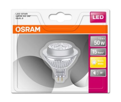 Obrázek OSRAM LED STAR MR16 36° 12V 7,2W 827 GU5.3 noDIM A+ Sklo 621lm 2700K 15000h (blistr 1ks)