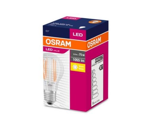 Obrázek OSRAM LED Filament VALUE ClasA  230V 8W 827 E27 noDIM A++ Sklo čiré 1055lm 2700K 10000h (krabička 1ks)