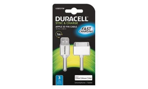 Obrázek DURACELL - USB5011A - napájecí a synchronizační kabel pro Apple IPhone/iPod - 30pin bílý 1m