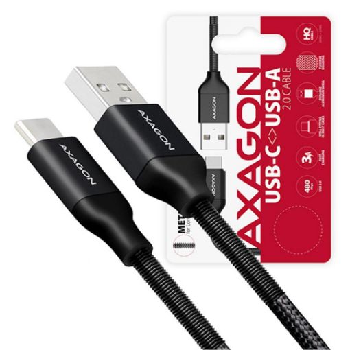 Obrázek AXAGON BUCM-AM20SB, SPRING kabel USB-C <-> USB-A, 2m, 3A, oplet, černý