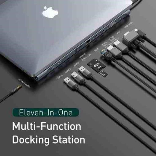 Obrázek Baseus Enjoyment Series dock USB-C (USB-C PD, 3*USB 3.0, 2*4KHDMI, VGA, RJ45, 3,5mm, microSD/SD čt.), šedá
