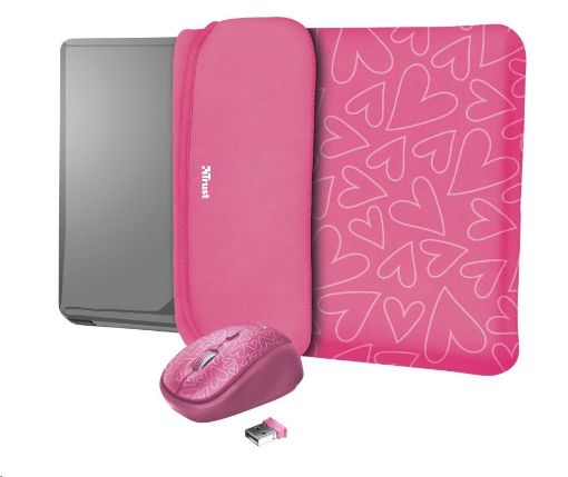 Obrázek TRUST myš + obal na notebook Yvo Reversible 15.6” Laptop Sleeve and Wireless Mouse - Pink Hearts