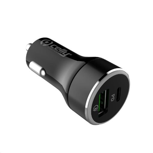 Obrázek Celly nabíječka do auta, 1x USB, 1x USB-C, PD, černá