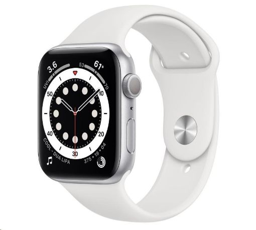 Obrázek APPLE Watch Series 6 GPS, 44mm stříbrné hliníkové pouzdro + bílý sport řemínek