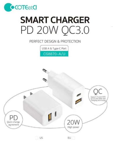 Obrázek COTEetCI napájecí adaptér PD 20W, QC3.0, USB, Type-C bílý