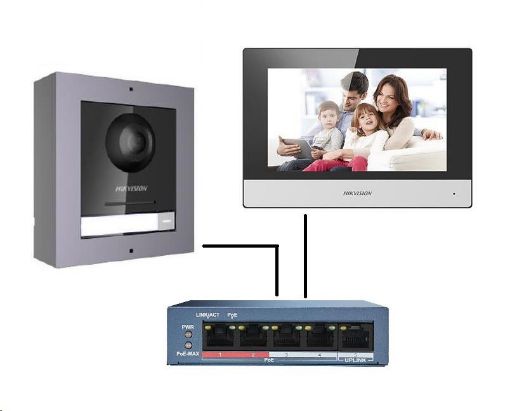 Obrázek HIKVISION DS-KIS602 (EU) sada IP Interkomu (dveřní jednotka + monitor + PoE switch)