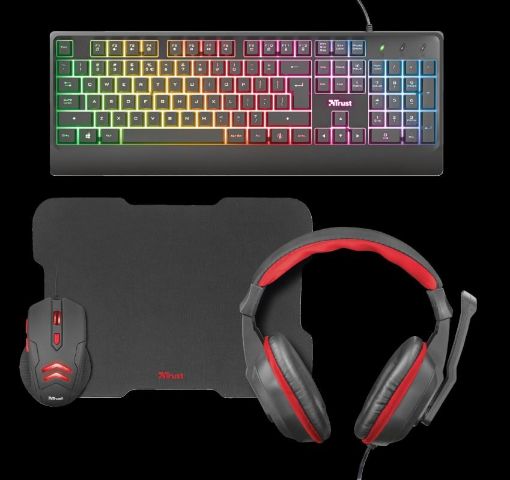 Obrázek TRUST ZIVA 4-in-1 Gaming Bundle - set klávesnice a myši, sluchátek a podložky k myši