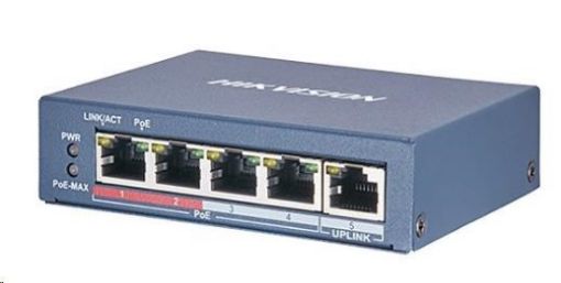 Obrázek HIKVISION DS-3E0105P-E/M (B) (4+1) PoE switch, 38W budget, 1x 100Mbit, 4x 10/100Mbit PoE Plus, IEEE802.3af/at